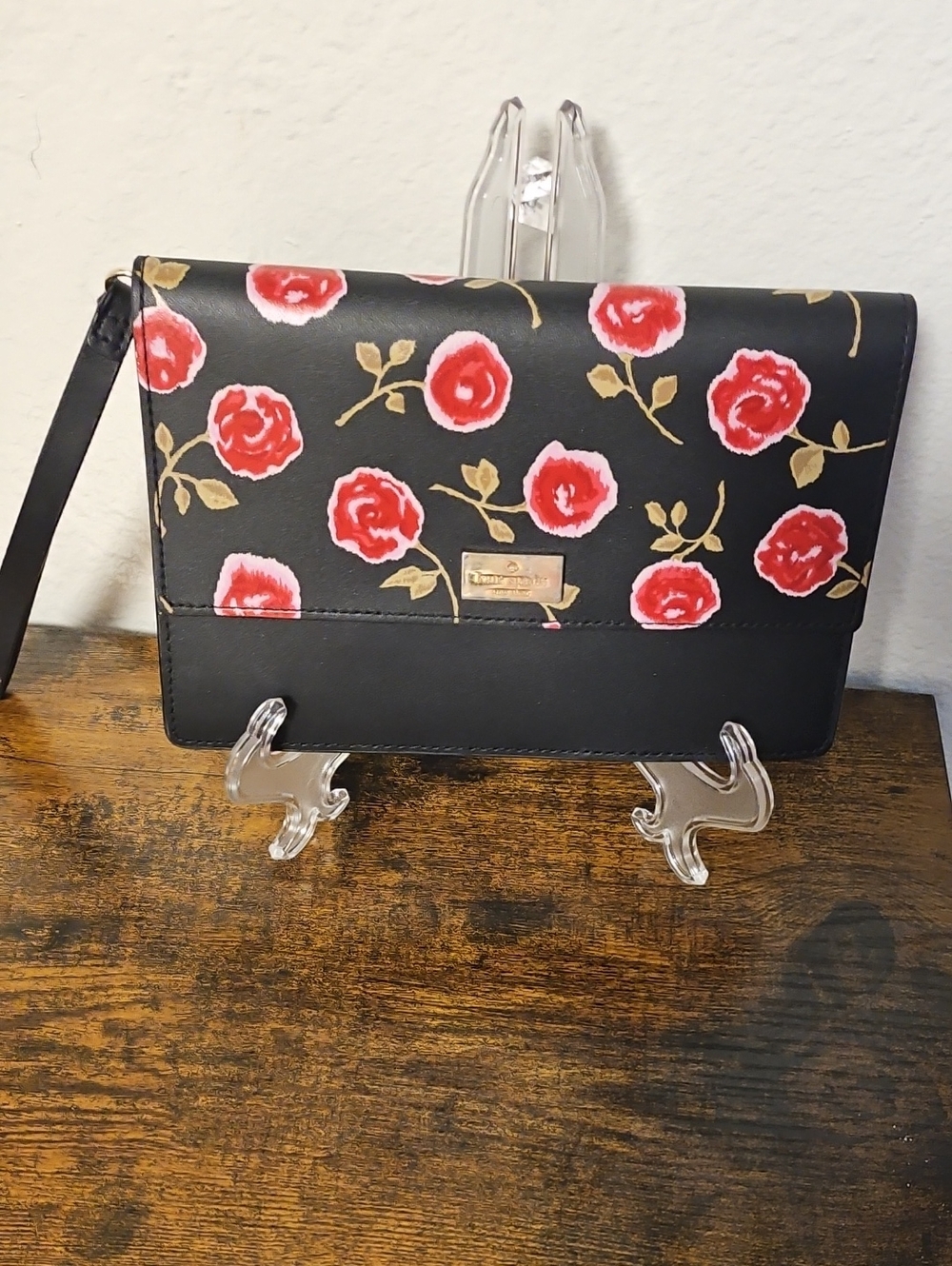 Kate Spade Floral Print Black Wristlet Clutch - Rose Pattern